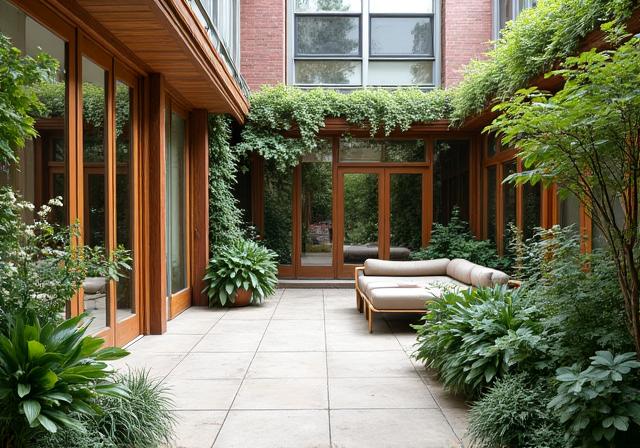 La même cour urbaine après l'intervention de Verdant Conseils, transformée en un élégant jardin.