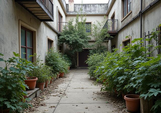 Une cour urbaine avant l'intervention de Verdant Conseils, désordonnée.