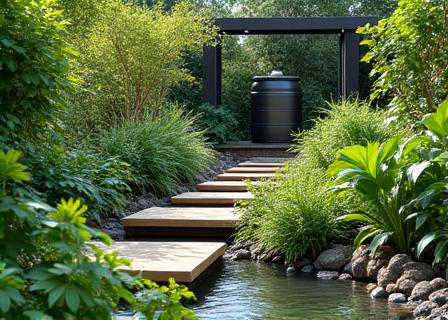 Un jardin avec des plantes natives et un système de récupération d'eau de pluie.