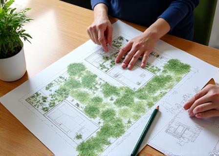 Un plan de conception de jardin détaillé avec des notes et des esquisses de plantes.