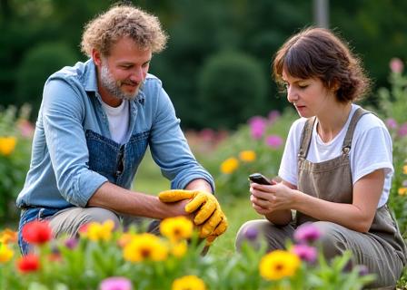 Une personne recevant des conseils sur l'entretien d'un massif de fleurs.